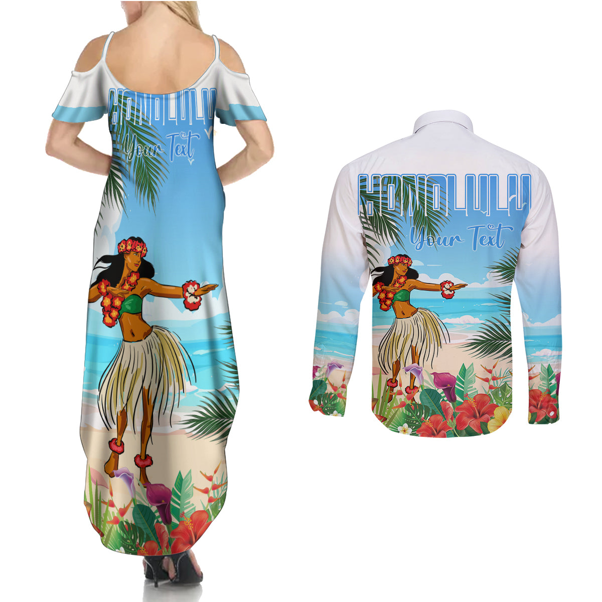 Personalised Hawaii Hula Girl Couples Matching Summer Maxi Dress and Long Sleeve Button Shirt Honolulu Festival LT7 - Polynesian Pride