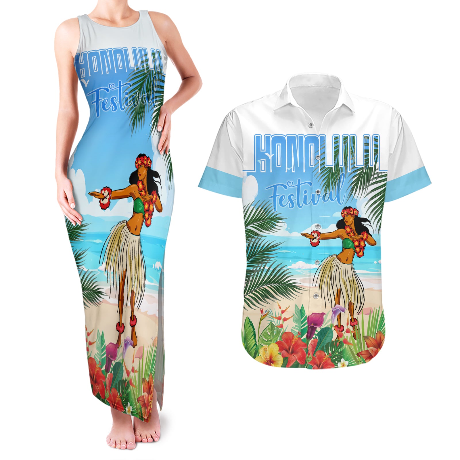 Personalised Hawaii Hula Girl Couples Matching Tank Maxi Dress and Hawaiian Shirt Honolulu Festival LT7 Art - Polynesian Pride