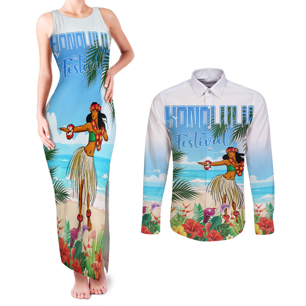 Personalised Hawaii Hula Girl Couples Matching Tank Maxi Dress and Long Sleeve Button Shirt Honolulu Festival LT7 Art - Polynesian Pride