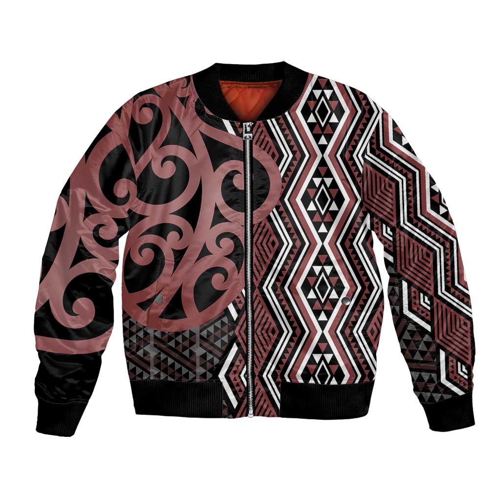 Maori Taniko Patterns Bomber Jacket Brown Patiki Motifs Mix Whakairo Ngaru