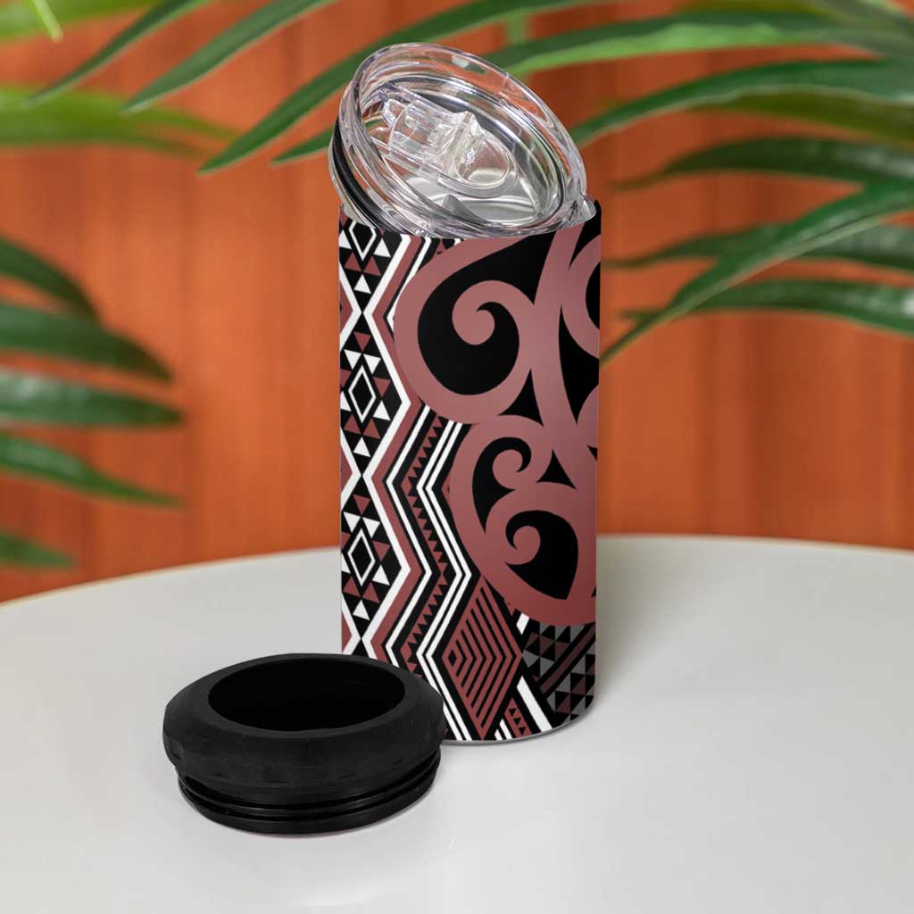Maori Taniko Patterns 4 in 1 Can Cooler Tumbler Brown Patiki Motifs Mix Whakairo Ngaru