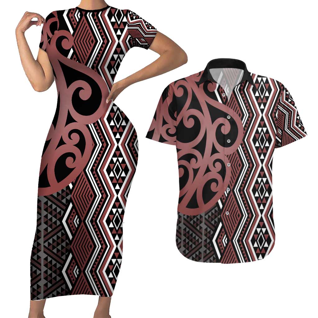 Maori Taniko Patterns Couples Matching Short Sleeve Bodycon Dress and Hawaiian Shirt Brown Patiki Motifs Mix Whakairo Ngaru