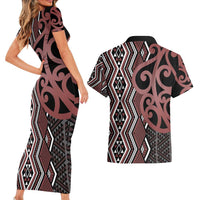 Maori Taniko Patterns Couples Matching Short Sleeve Bodycon Dress and Hawaiian Shirt Brown Patiki Motifs Mix Whakairo Ngaru
