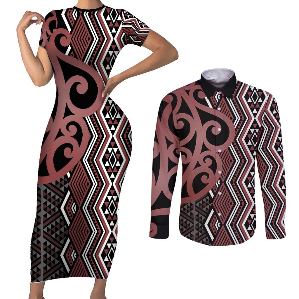 Maori Taniko Patterns Couples Matching Short Sleeve Bodycon Dress and Long Sleeve Button Shirt Brown Patiki Motifs Mix Whakairo Ngaru