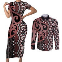 Maori Taniko Patterns Couples Matching Short Sleeve Bodycon Dress and Long Sleeve Button Shirt Brown Patiki Motifs Mix Whakairo Ngaru