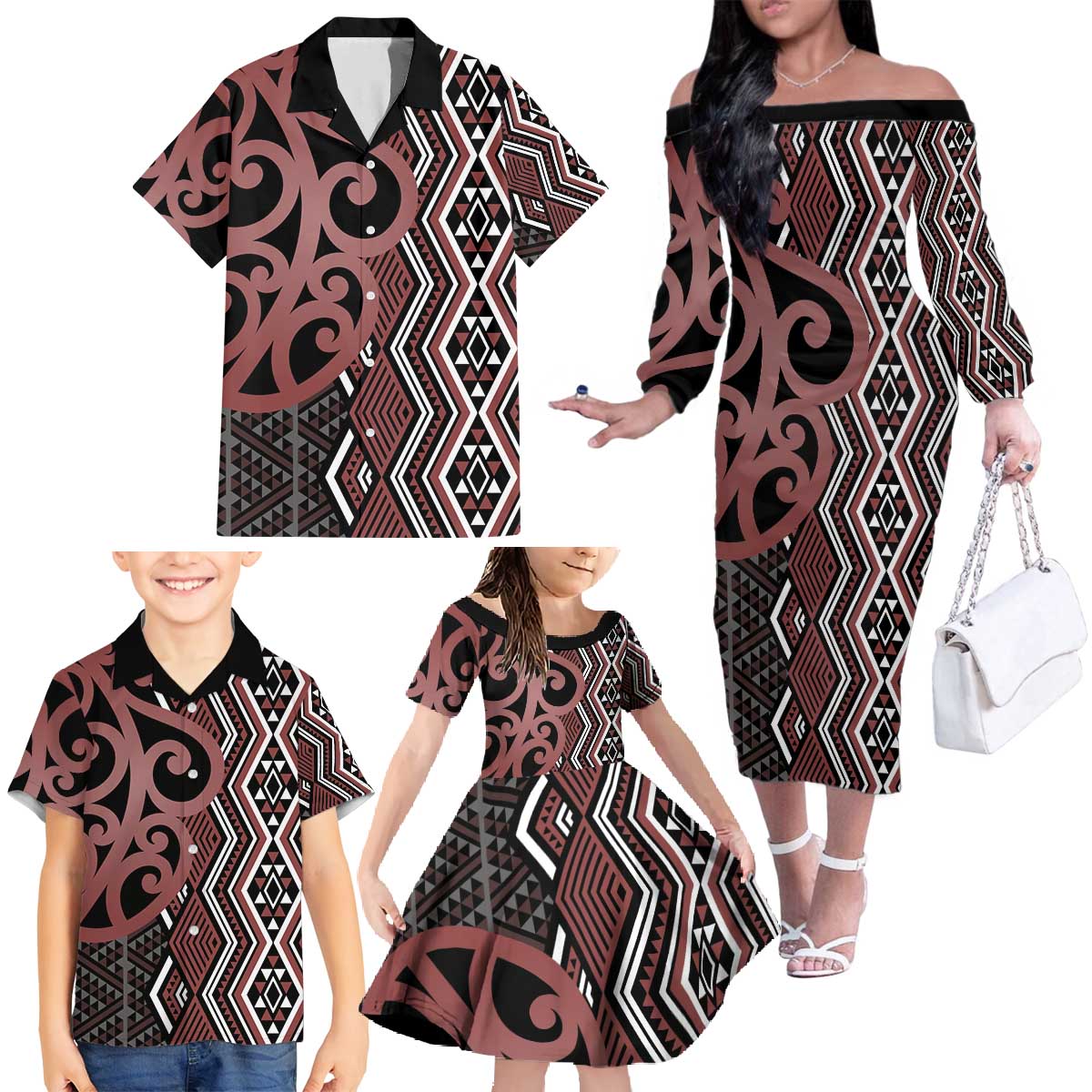 Maori Taniko Patterns Family Matching Off The Shoulder Long Sleeve Dress and Hawaiian Shirt Brown Patiki Motifs Mix Whakairo Ngaru