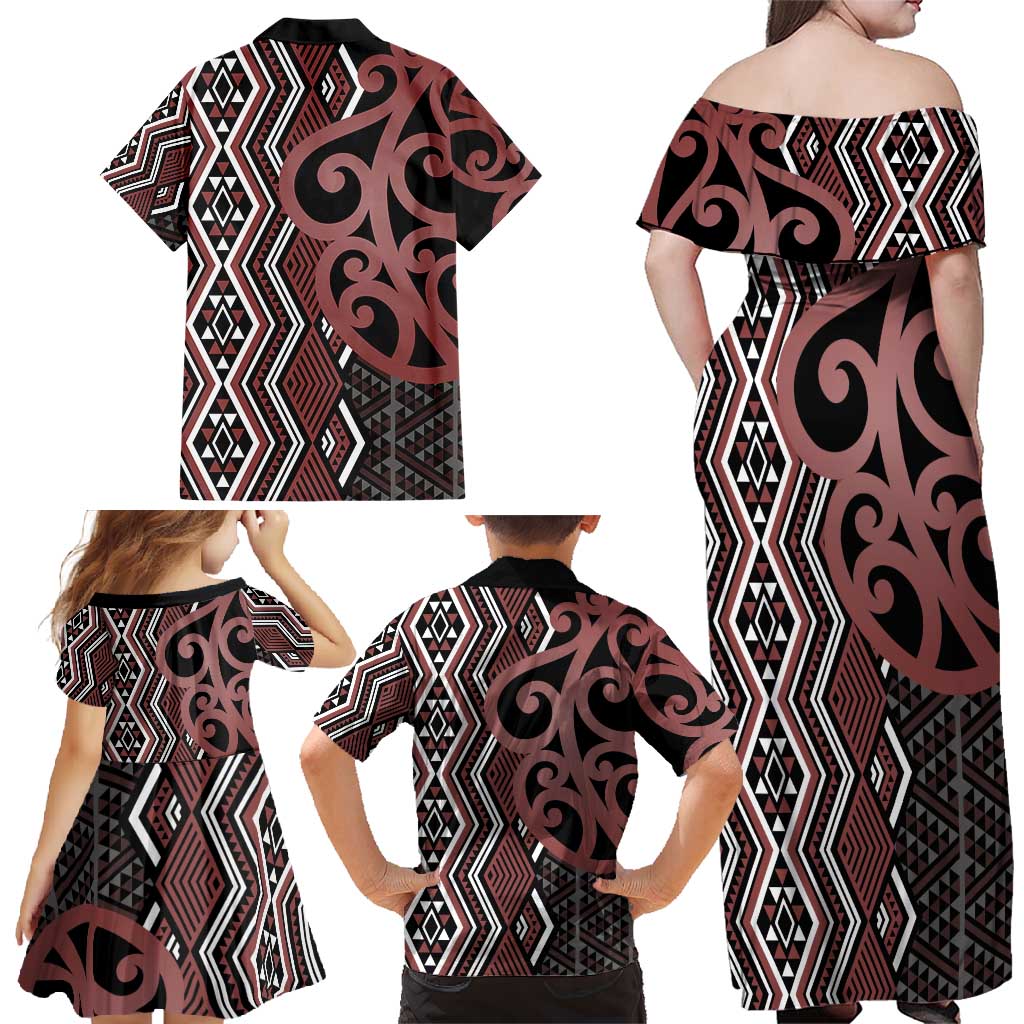 Maori Taniko Patterns Family Matching Off Shoulder Maxi Dress and Hawaiian Shirt Brown Patiki Motifs Mix Whakairo Ngaru