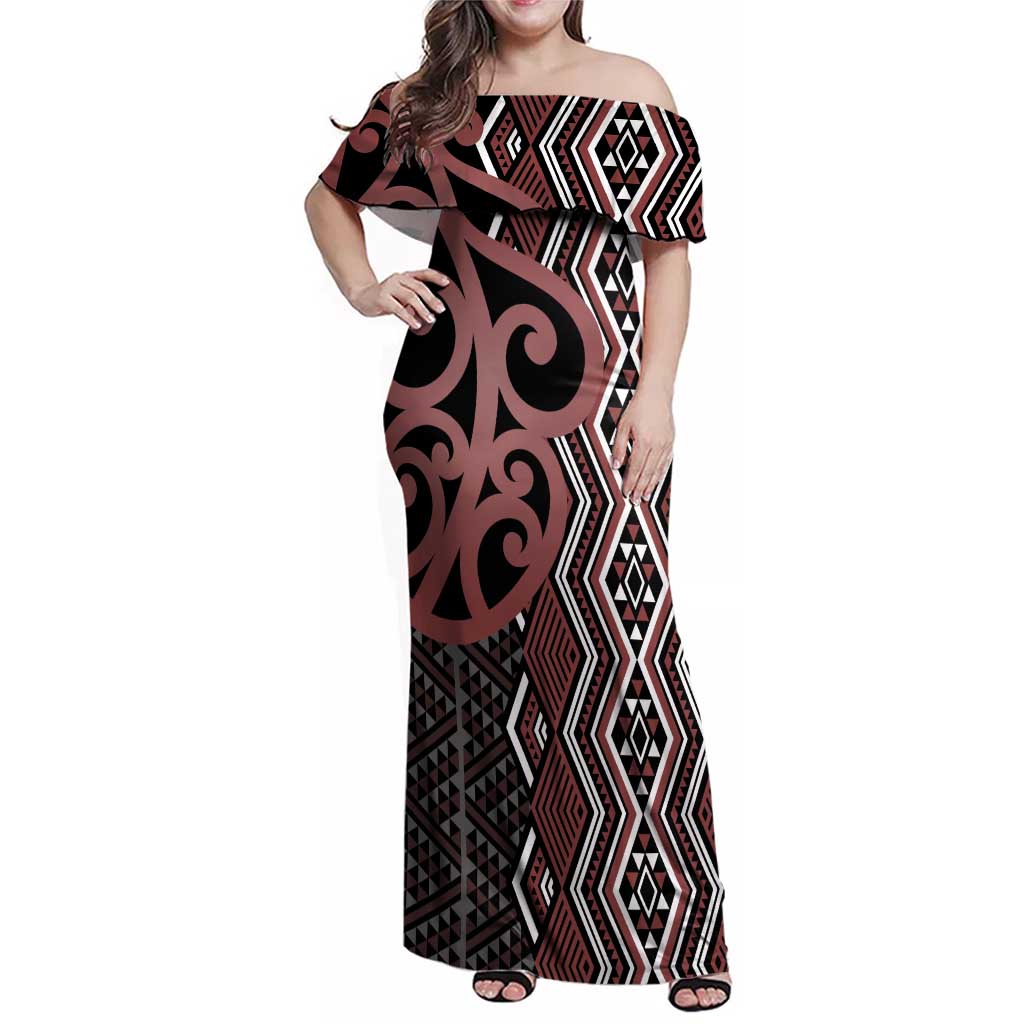 Maori Taniko Patterns Family Matching Off Shoulder Maxi Dress and Hawaiian Shirt Brown Patiki Motifs Mix Whakairo Ngaru