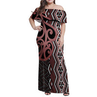 Maori Taniko Patterns Family Matching Off Shoulder Maxi Dress and Hawaiian Shirt Brown Patiki Motifs Mix Whakairo Ngaru