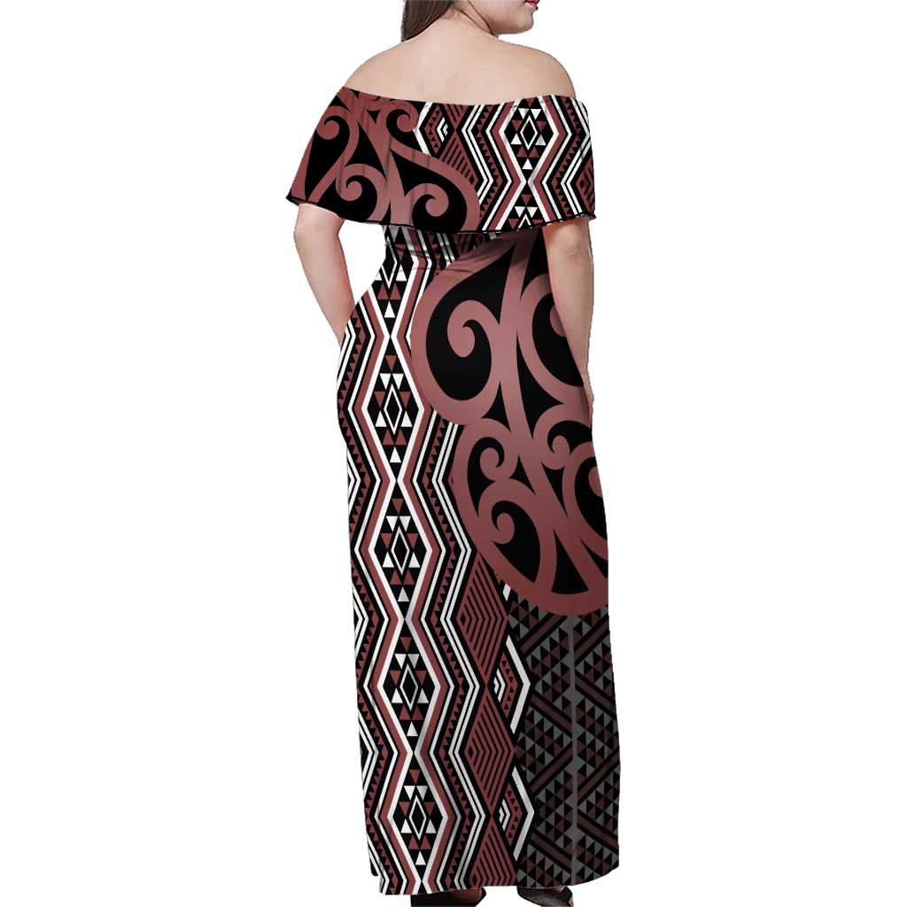 Maori Taniko Patterns Family Matching Off Shoulder Maxi Dress and Hawaiian Shirt Brown Patiki Motifs Mix Whakairo Ngaru