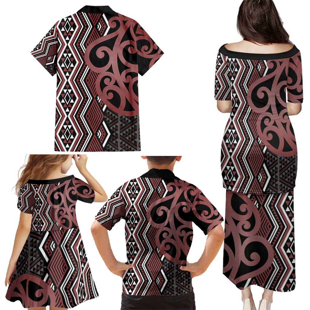 Maori Taniko Patterns Family Matching Puletasi and Hawaiian Shirt Brown Patiki Motifs Mix Whakairo Ngaru