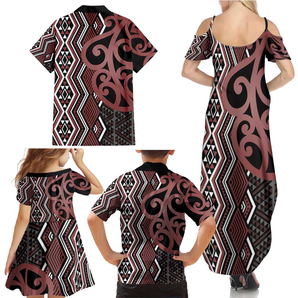Maori Taniko Patterns Family Matching Summer Maxi Dress and Hawaiian Shirt Brown Patiki Motifs Mix Whakairo Ngaru