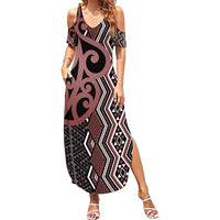 Maori Taniko Patterns Family Matching Summer Maxi Dress and Hawaiian Shirt Brown Patiki Motifs Mix Whakairo Ngaru