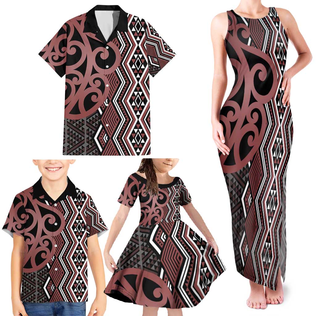 Maori Taniko Patterns Family Matching Tank Maxi Dress and Hawaiian Shirt Brown Patiki Motifs Mix Whakairo Ngaru