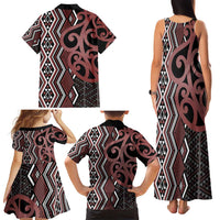 Maori Taniko Patterns Family Matching Tank Maxi Dress and Hawaiian Shirt Brown Patiki Motifs Mix Whakairo Ngaru
