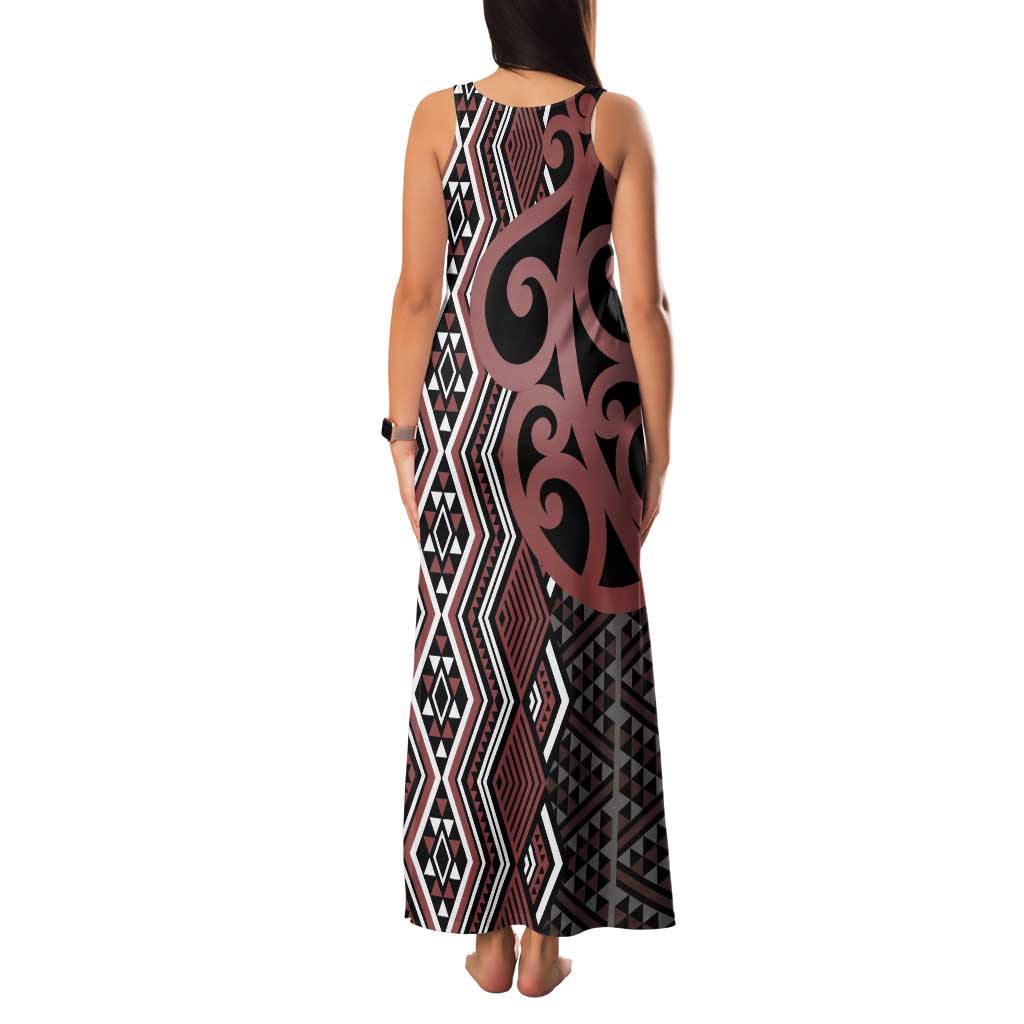 Maori Taniko Patterns Family Matching Tank Maxi Dress and Hawaiian Shirt Brown Patiki Motifs Mix Whakairo Ngaru