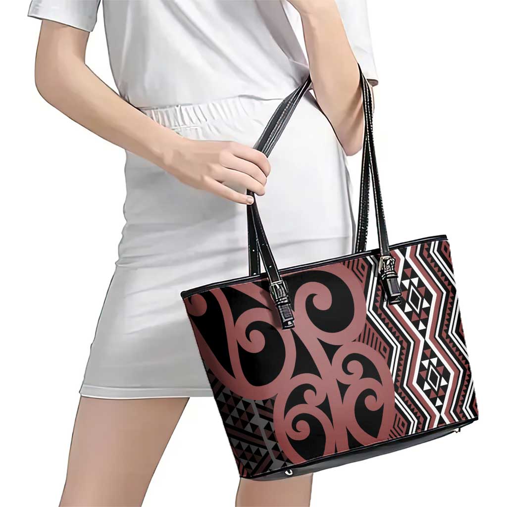 Maori Taniko Patterns Leather Tote Bag Brown Patiki Motifs Mix Whakairo Ngaru