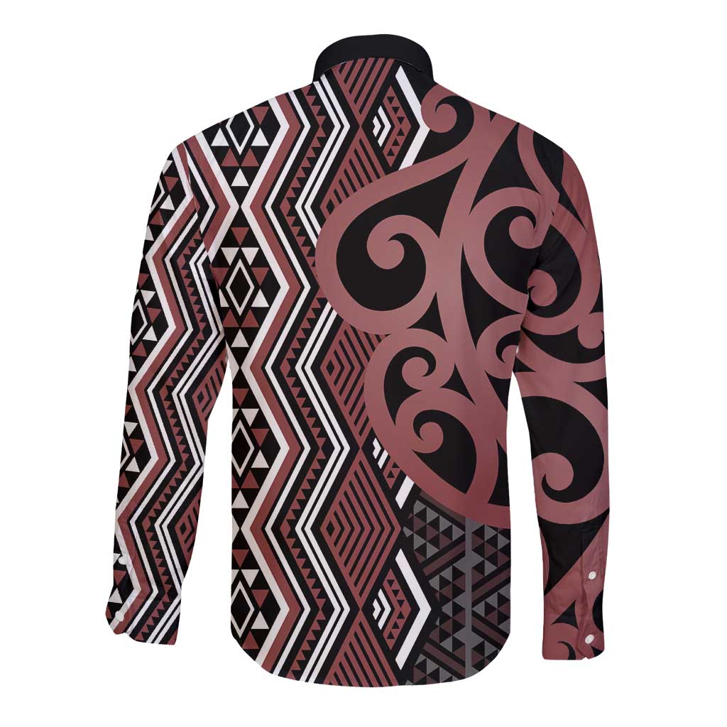 Maori Taniko Patterns Long Sleeve Button Shirt Brown Patiki Motifs Mix Whakairo Ngaru
