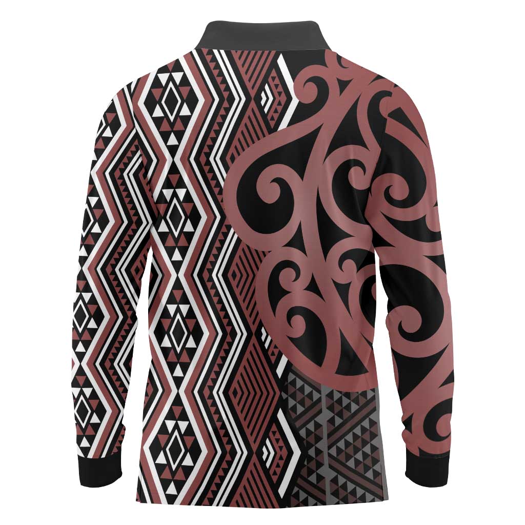 Maori Taniko Patterns Long Sleeve Polo Shirt Brown Patiki Motifs Mix Whakairo Ngaru