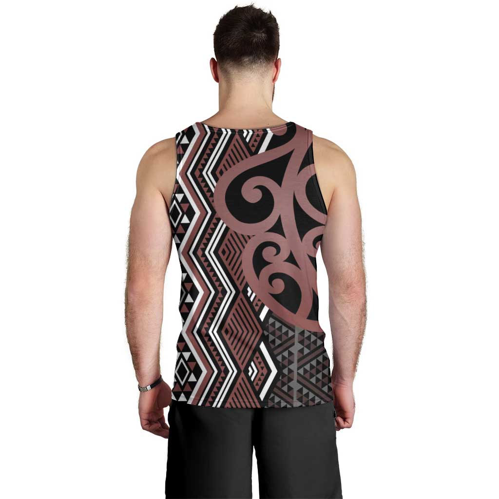 Maori Taniko Patterns Men Tank Top Brown Patiki Motifs Mix Whakairo Ngaru