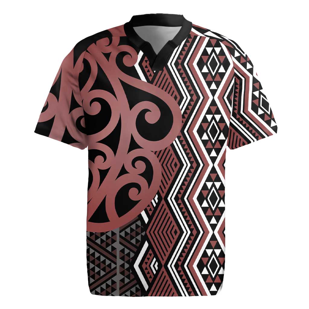 Maori Taniko Patterns Rugby Jersey Brown Patiki Motifs Mix Whakairo Ngaru