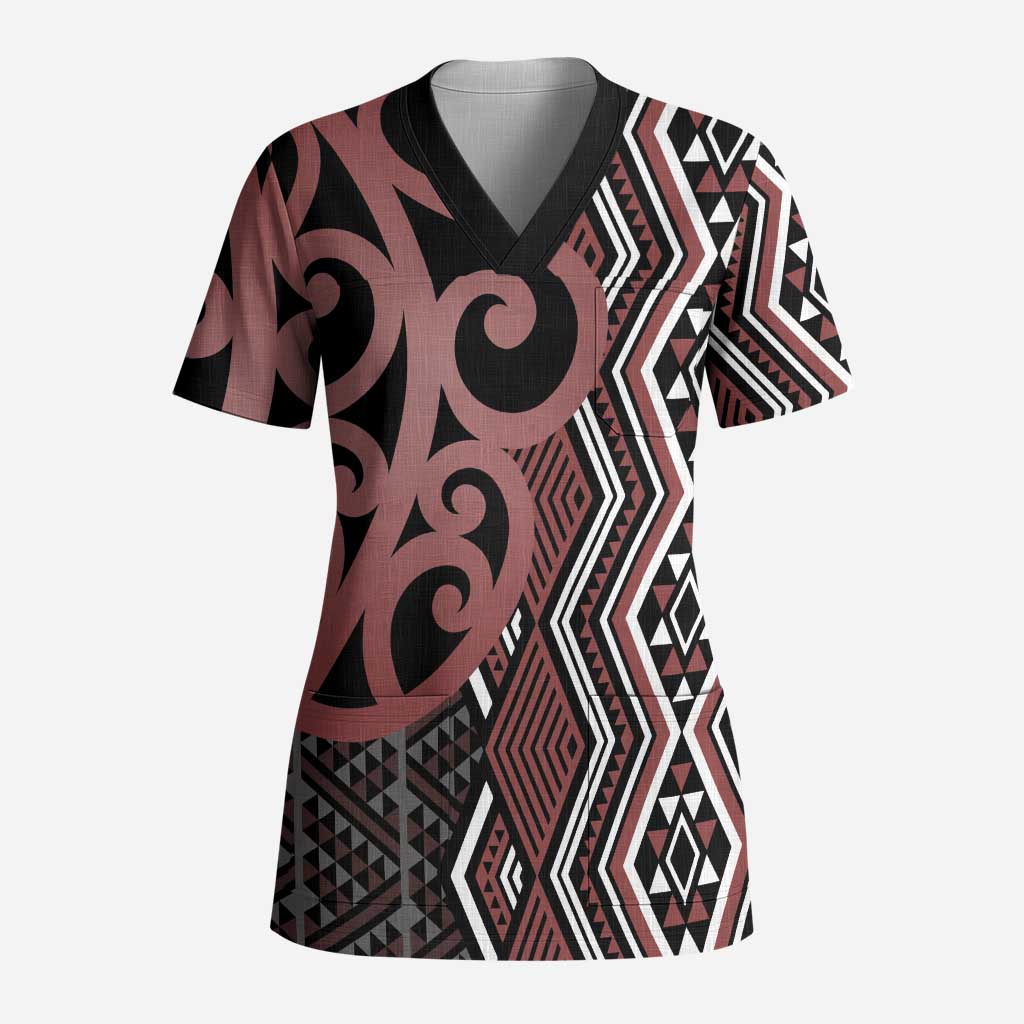 Maori Taniko Patterns Scrub Top Brown Patiki Motifs Mix Whakairo Ngaru - Polynesian Pride