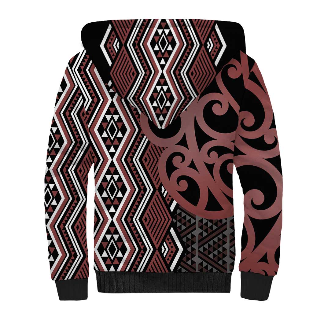 Maori Taniko Patterns Sherpa Hoodie Brown Patiki Motifs Mix Whakairo Ngaru