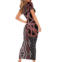 Maori Taniko Patterns Short Sleeve Bodycon Dress Brown Patiki Motifs Mix Whakairo Ngaru