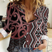 Maori Taniko Patterns Women Casual Shirt Brown Patiki Motifs Mix Whakairo Ngaru