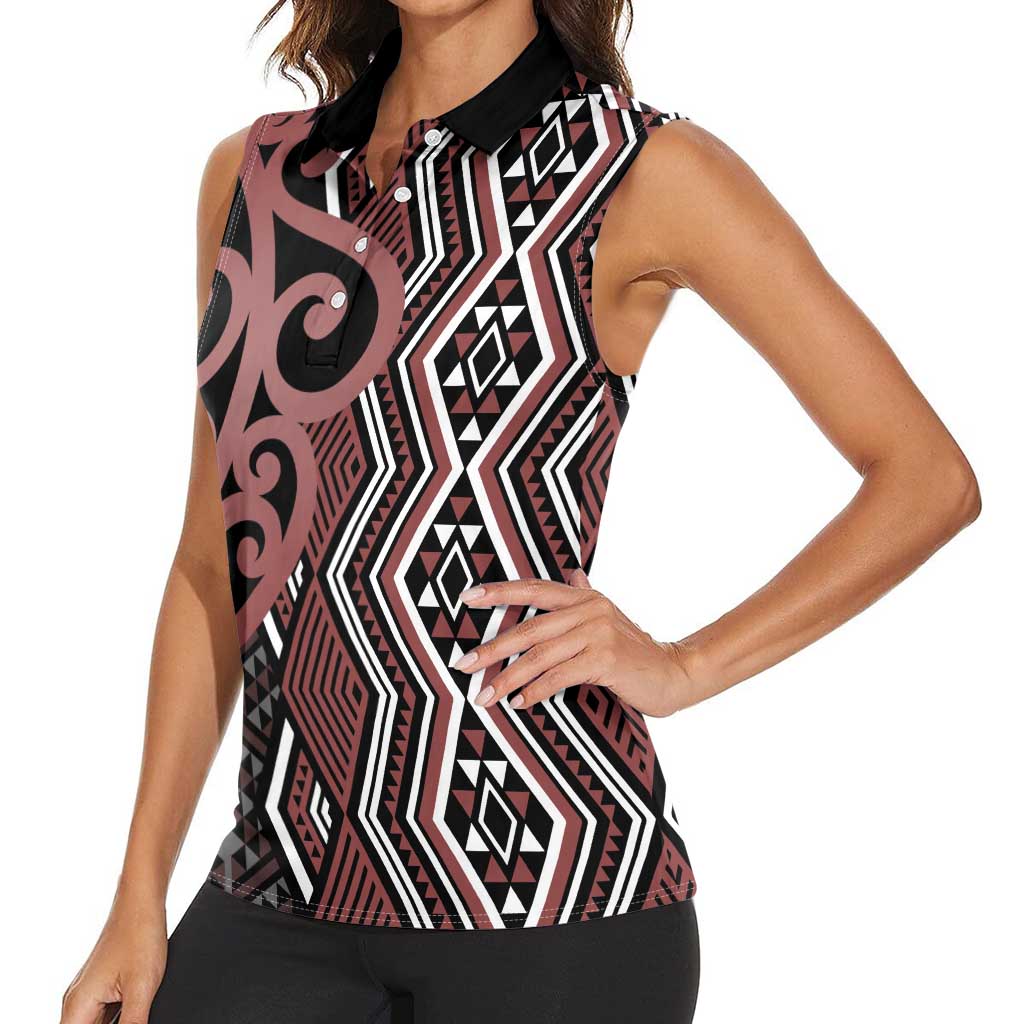 Maori Taniko Patterns Women Sleeveless Polo Shirt Brown Patiki Motifs Mix Whakairo Ngaru