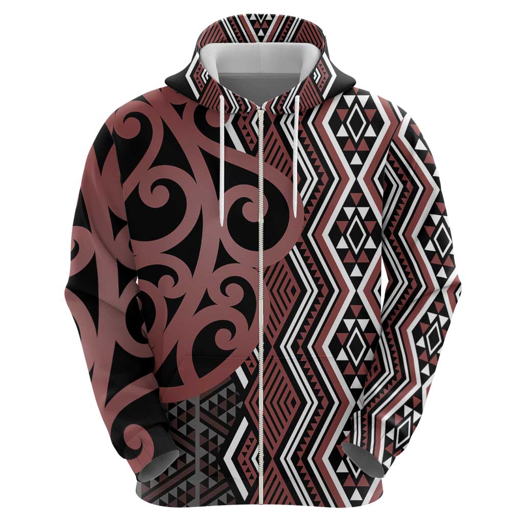 Maori Taniko Patterns Zip Hoodie Brown Patiki Motifs Mix Whakairo Ngaru