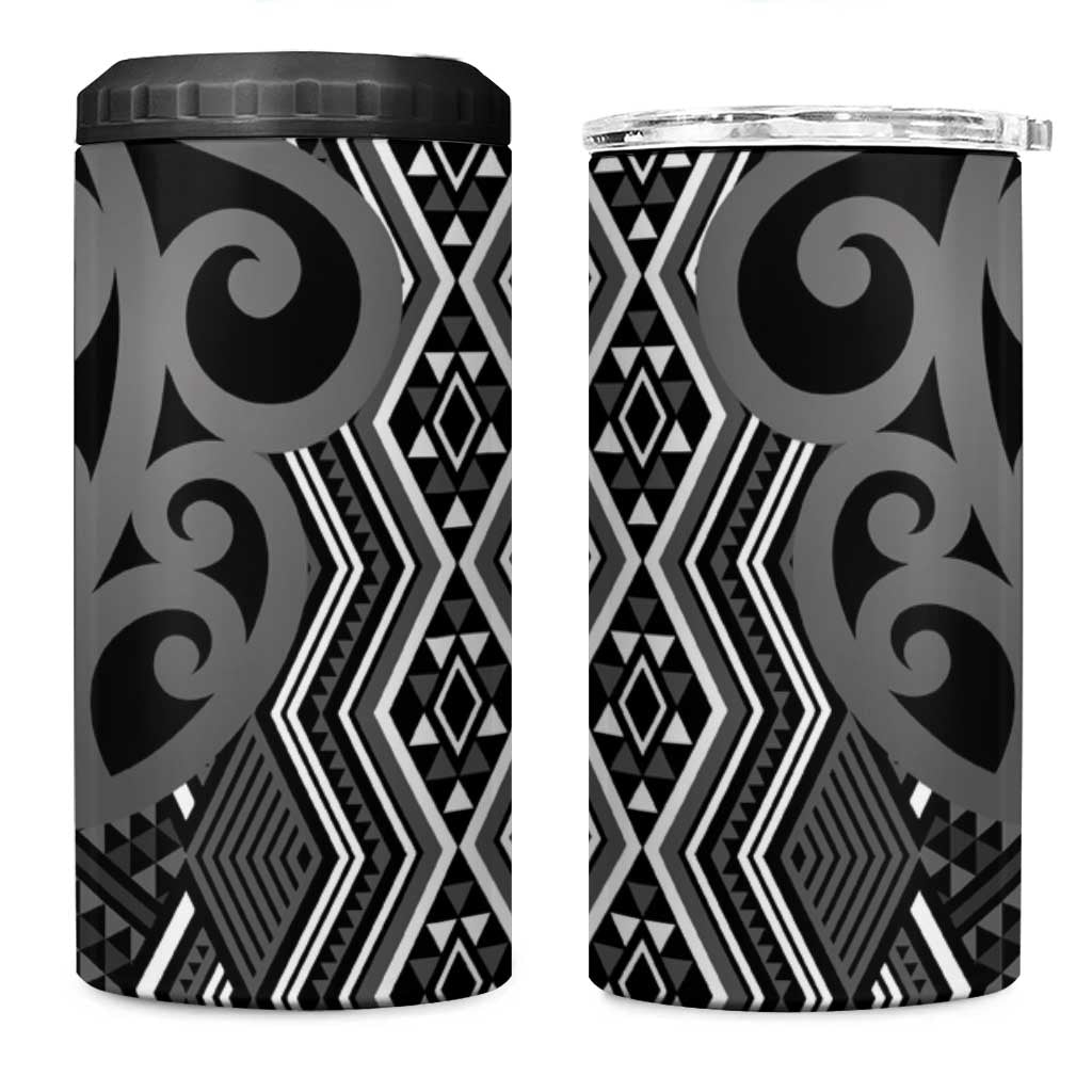 Maori Taniko Patterns 4 in 1 Can Cooler Tumbler Black Patiki Motifs Mix Whakairo Ngaru