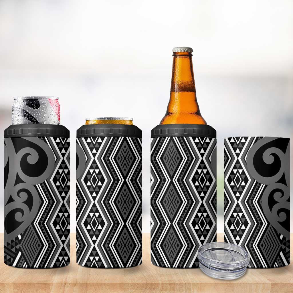 Maori Taniko Patterns 4 in 1 Can Cooler Tumbler Black Patiki Motifs Mix Whakairo Ngaru