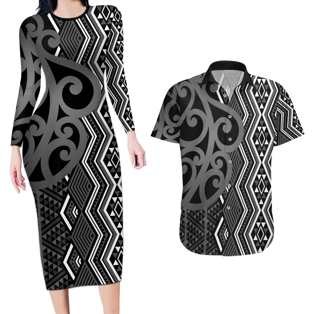 Maori Taniko Patterns Couples Matching Long Sleeve Bodycon Dress and Hawaiian Shirt Black Patiki Motifs Mix Whakairo Ngaru