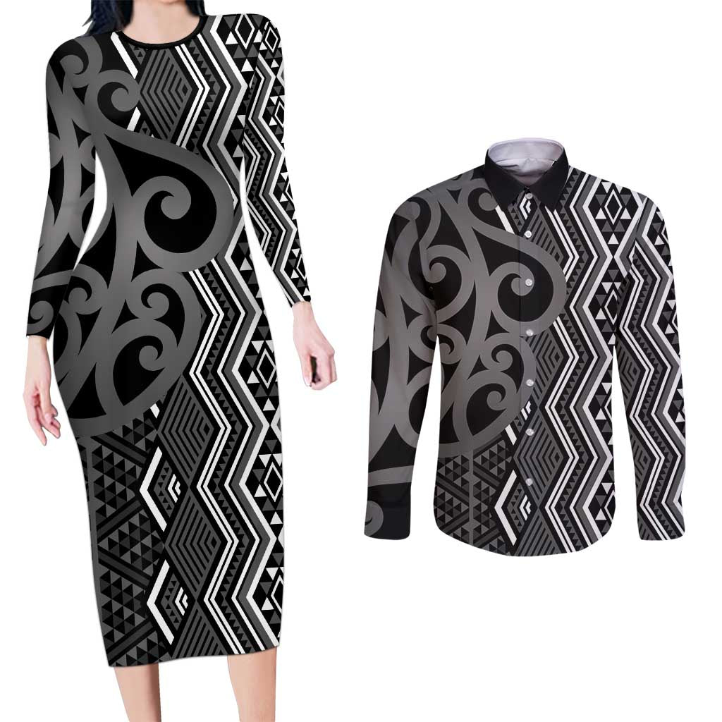 Maori Taniko Patterns Couples Matching Long Sleeve Bodycon Dress and Long Sleeve Button Shirt Black Patiki Motifs Mix Whakairo Ngaru