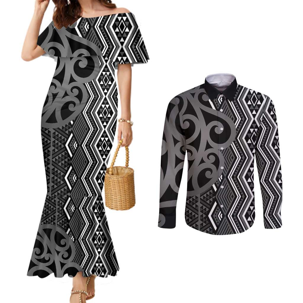 Maori Taniko Patterns Couples Matching Mermaid Dress and Long Sleeve Button Shirt Black Patiki Motifs Mix Whakairo Ngaru