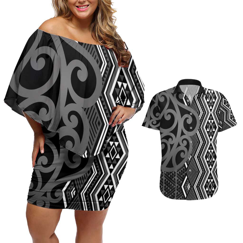 Maori Taniko Patterns Couples Matching Off Shoulder Short Dress and Hawaiian Shirt Black Patiki Motifs Mix Whakairo Ngaru
