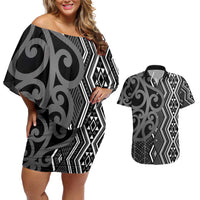 Maori Taniko Patterns Couples Matching Off Shoulder Short Dress and Hawaiian Shirt Black Patiki Motifs Mix Whakairo Ngaru