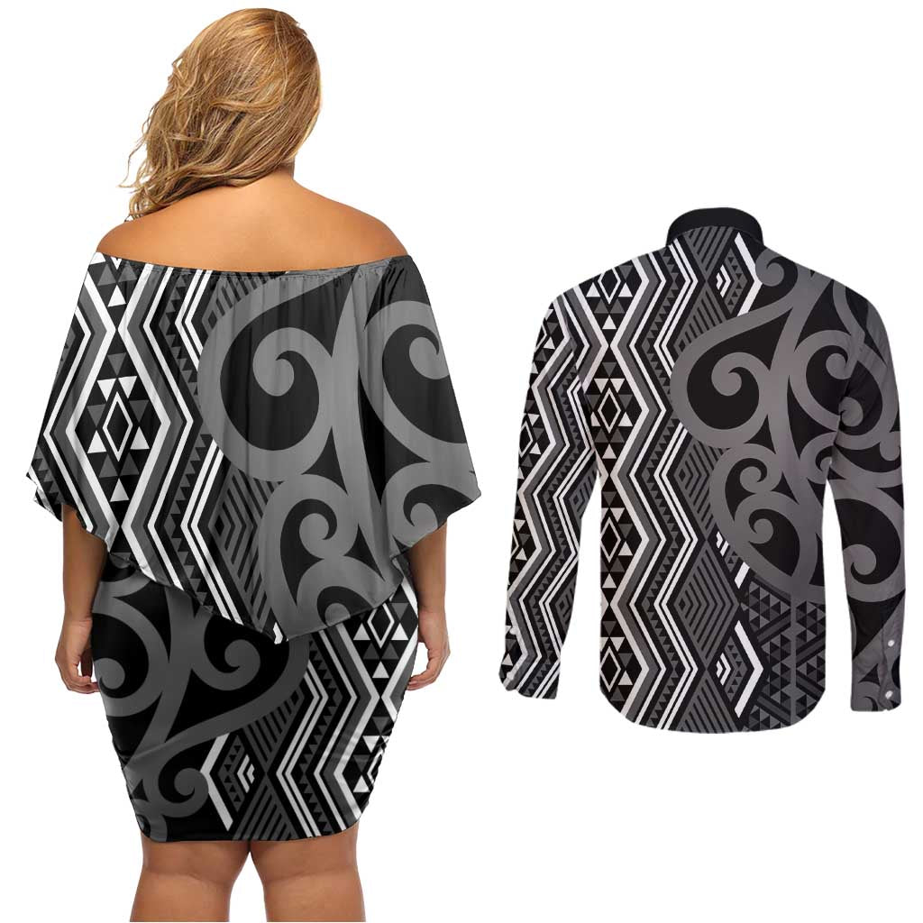 Maori Taniko Patterns Couples Matching Off Shoulder Short Dress and Long Sleeve Button Shirt Black Patiki Motifs Mix Whakairo Ngaru