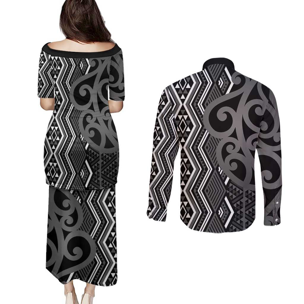 Maori Taniko Patterns Couples Matching Puletasi and Long Sleeve Button Shirt Black Patiki Motifs Mix Whakairo Ngaru