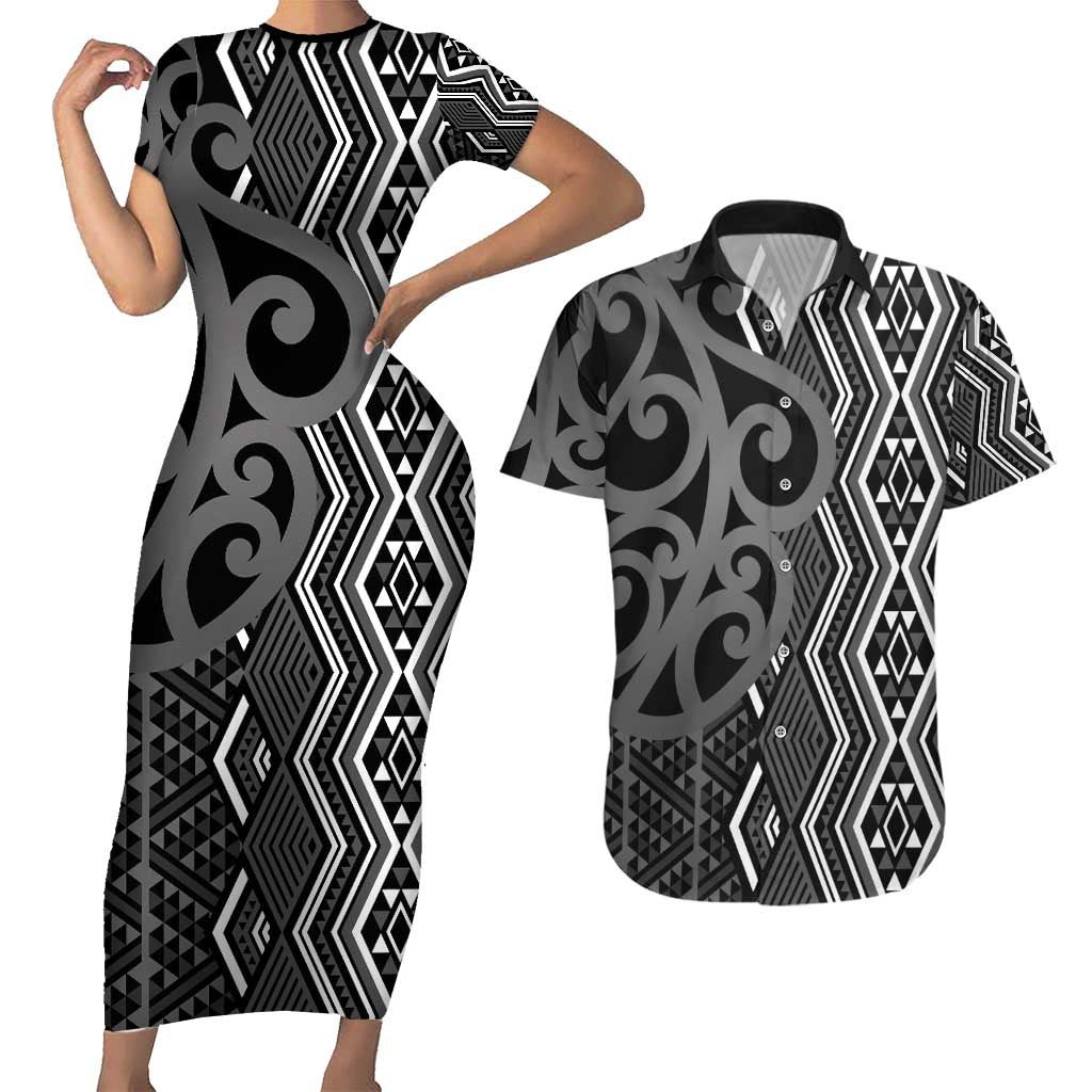 Maori Taniko Patterns Couples Matching Short Sleeve Bodycon Dress and Hawaiian Shirt Black Patiki Motifs Mix Whakairo Ngaru