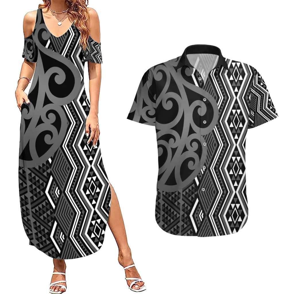 Maori Taniko Patterns Couples Matching Summer Maxi Dress and Hawaiian Shirt Black Patiki Motifs Mix Whakairo Ngaru