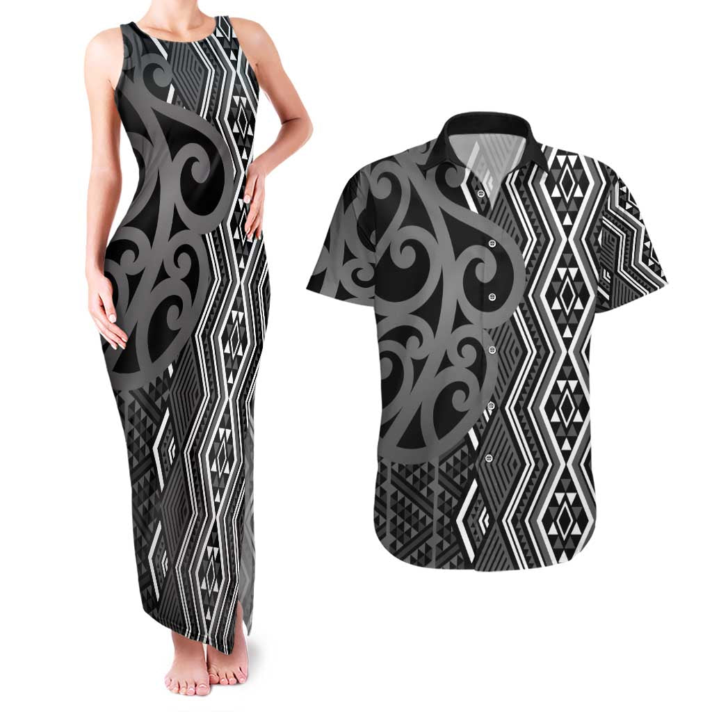 Maori Taniko Patterns Couples Matching Tank Maxi Dress and Hawaiian Shirt Black Patiki Motifs Mix Whakairo Ngaru