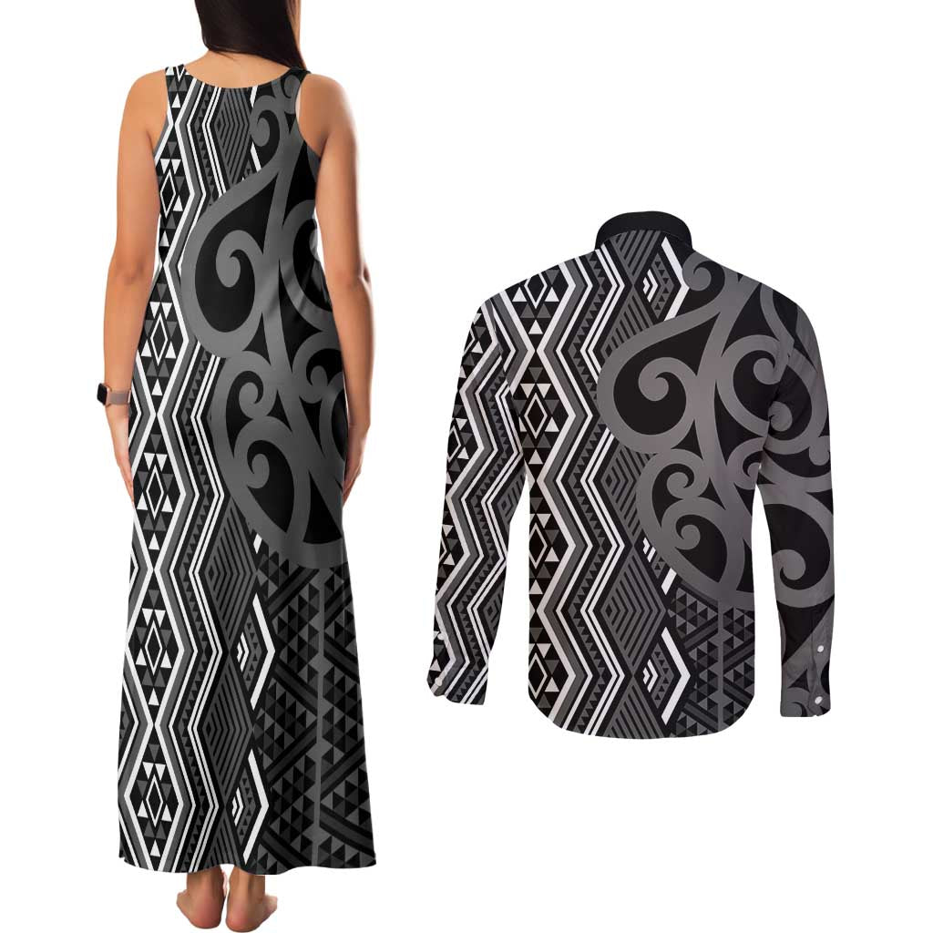 Maori Taniko Patterns Couples Matching Tank Maxi Dress and Long Sleeve Button Shirt Black Patiki Motifs Mix Whakairo Ngaru