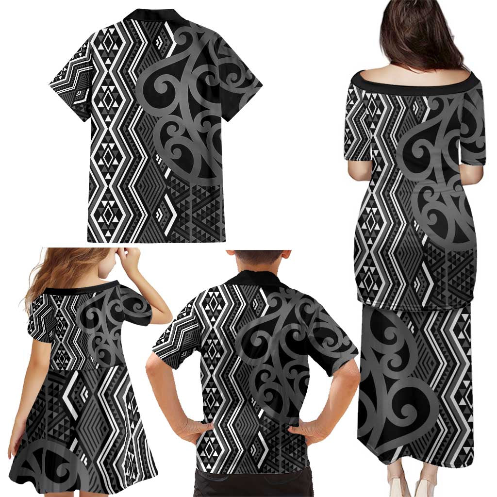Maori Taniko Patterns Family Matching Puletasi and Hawaiian Shirt Black Patiki Motifs Mix Whakairo Ngaru