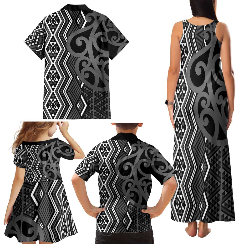 Maori Taniko Patterns Family Matching Tank Maxi Dress and Hawaiian Shirt Black Patiki Motifs Mix Whakairo Ngaru