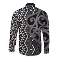 Maori Taniko Patterns Long Sleeve Button Shirt Black Patiki Motifs Mix Whakairo Ngaru
