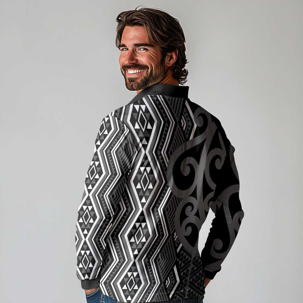 Maori Taniko Patterns Long Sleeve Polo Shirt Black Patiki Motifs Mix Whakairo Ngaru