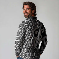Maori Taniko Patterns Long Sleeve Polo Shirt Black Patiki Motifs Mix Whakairo Ngaru