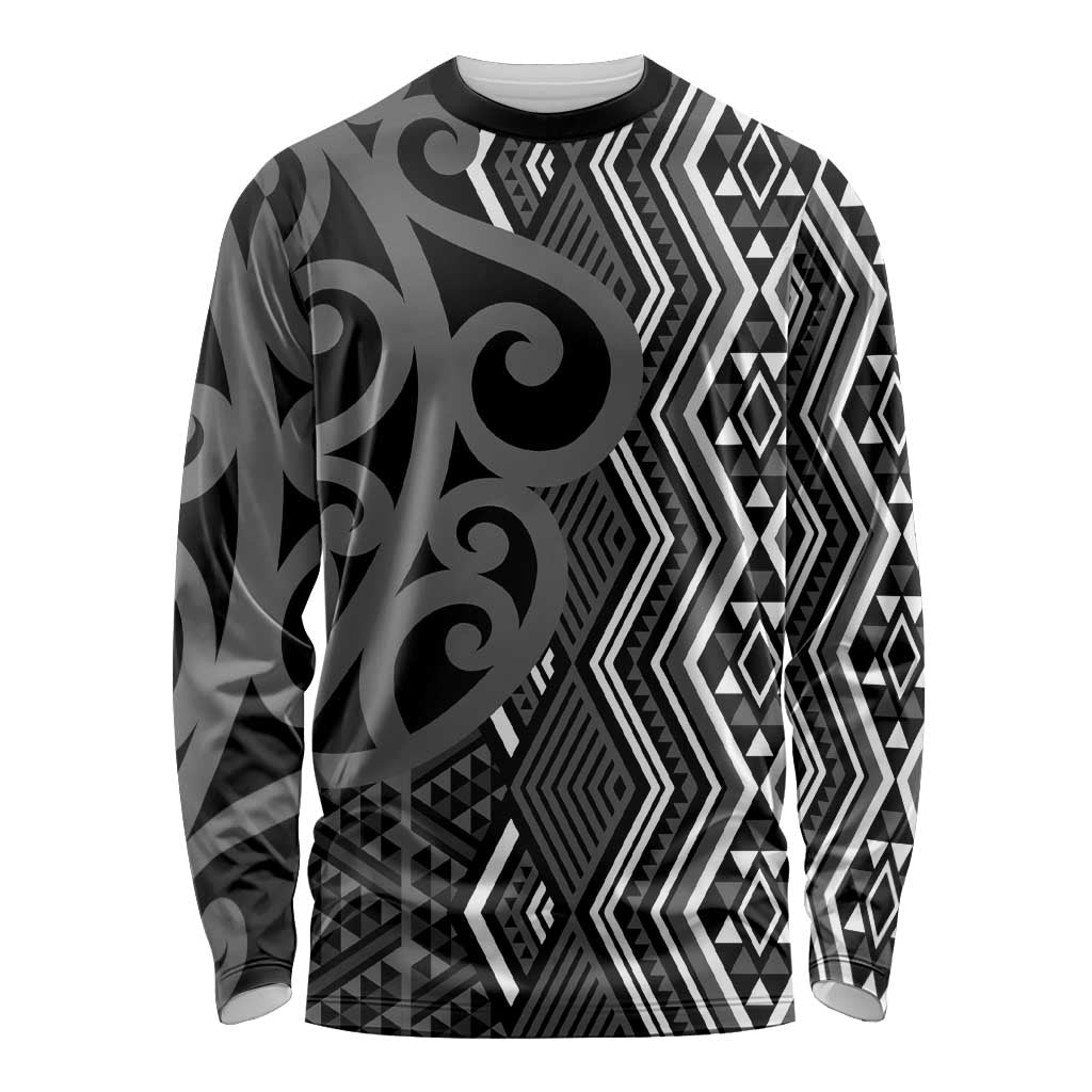 Maori Taniko Patterns Long Sleeve Shirt Black Patiki Motifs Mix Whakairo Ngaru